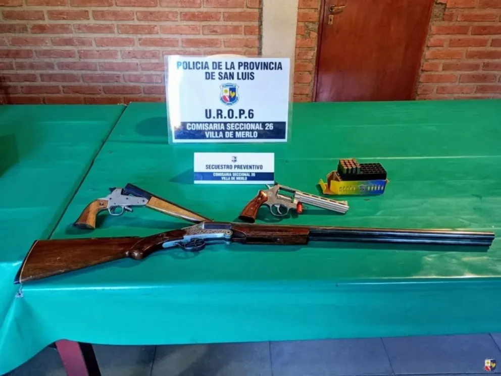 Las armas secuestradas por la policía de Merlo tras una denuncia por agresión.