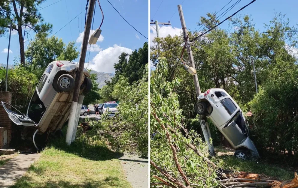 Imagenes de cómo quedó el vehículo colgado de un poste de luz.