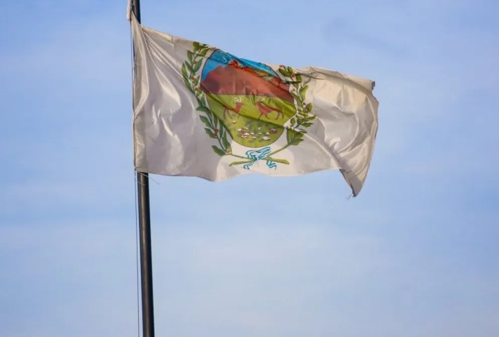 La enseña tiene un diseño simple y cargado de significados: fondo blanco con el escudo provincial en el centro. 
