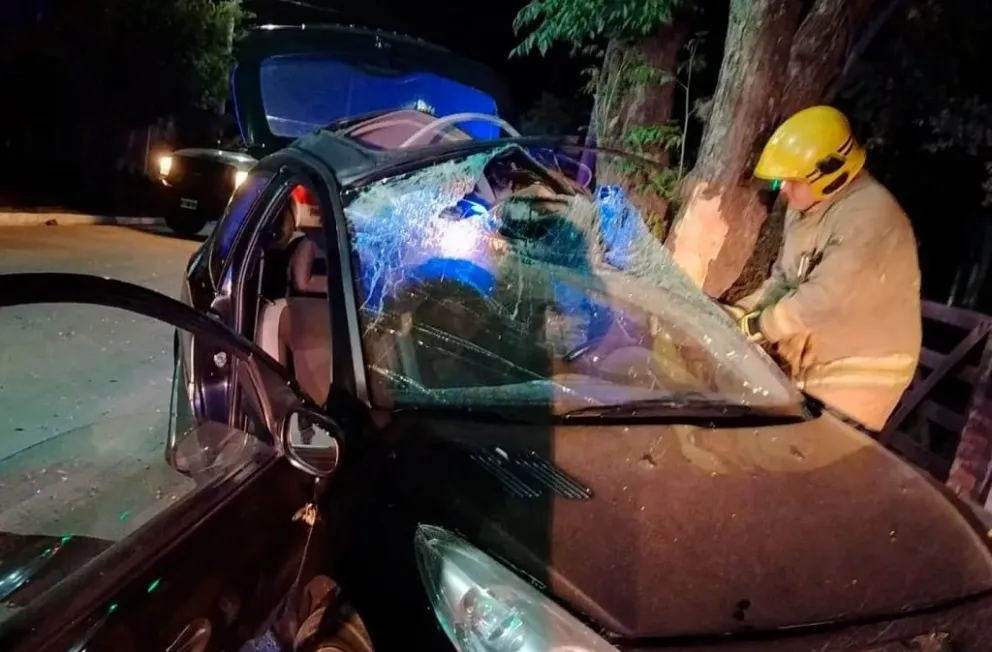 Un auto terminó contra un árbol en calle Comechingones. (Foto: Bomberos Voluntarios Villa de Merlo)  