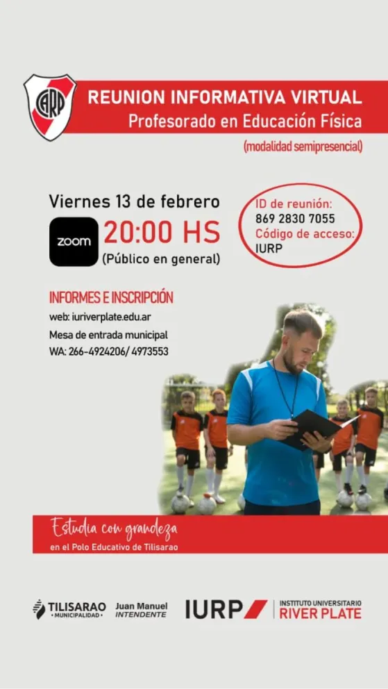 El Instituto Universitario River Plate, junto a la Municipalidad de Tilisarao, realizará este viernes 13 de febrero a las 20:00 una reunión informativa virtual. 