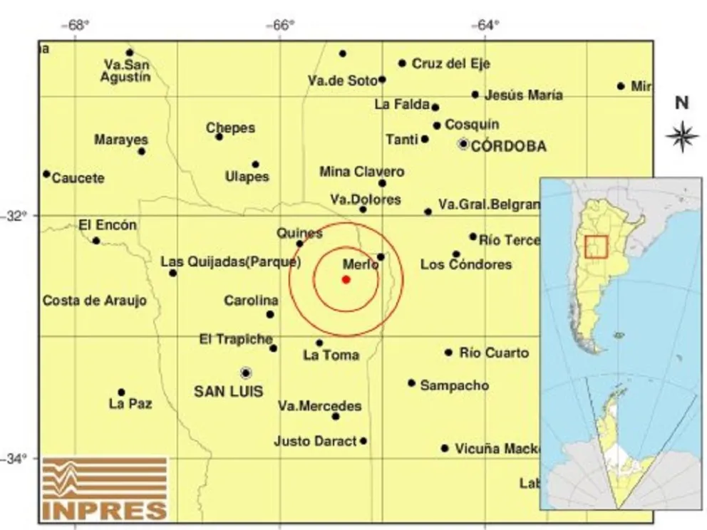 Según el Instituto Nacional de Prevención Sísmica, el sismo ocurrió a las 11:20:40 y tuvo su epicentro a 36 kilómetros al sudoeste de Villa de Merlo.
